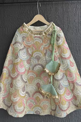 Off white embroidered cotton silk kurti lehenga set