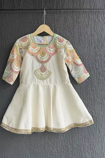 Off white embroidered cotton silk kurti lehenga set