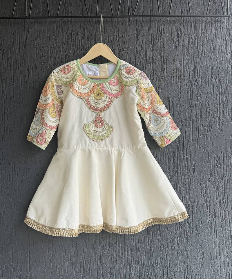 Off white embroidered cotton silk kurti lehenga set