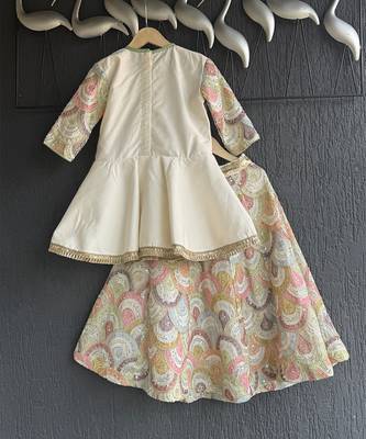 Off white embroidered cotton silk kurti lehenga set 5