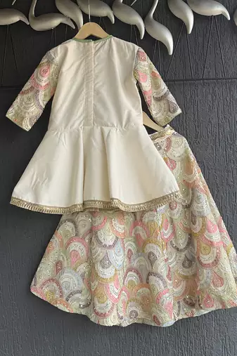 Off white embroidered cotton silk kurti lehenga set