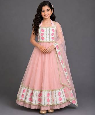 blue pink printed cotton silk lehenga set 1