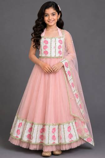 blue pink printed cotton silk lehenga set