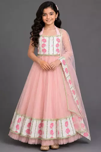 blue pink printed cotton silk lehenga set
