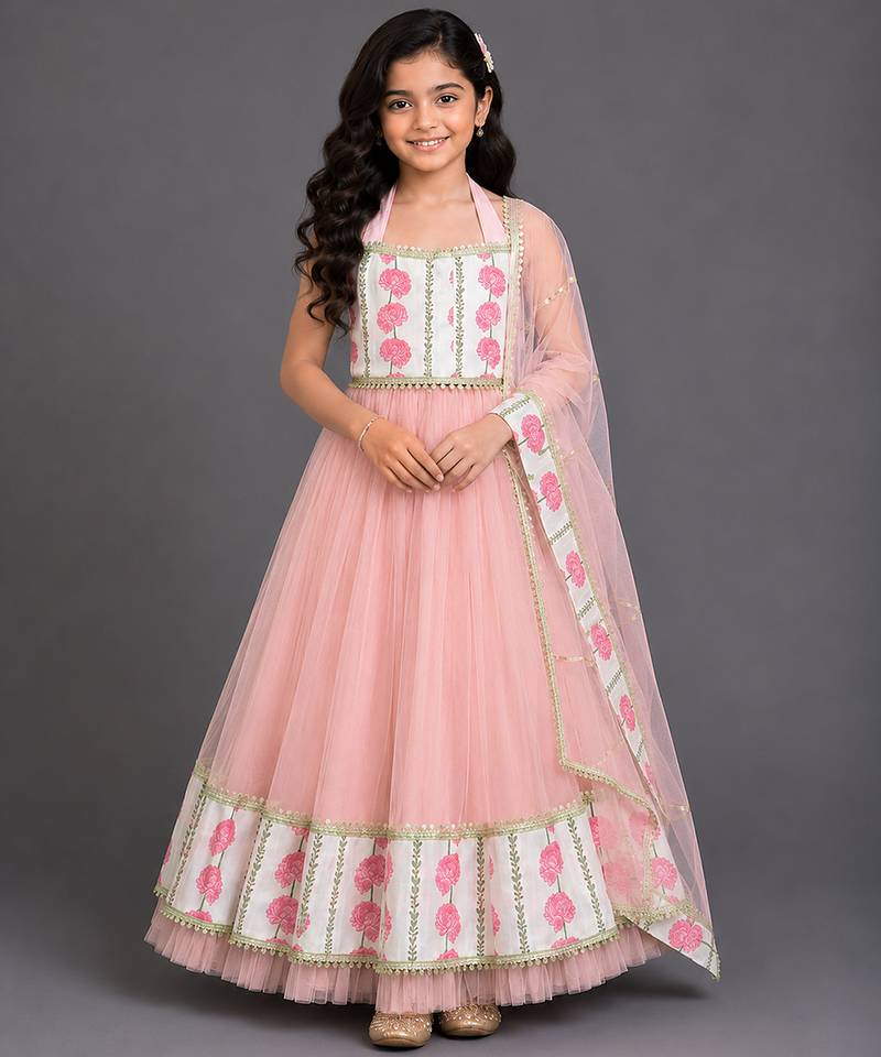 blue pink printed cotton silk lehenga set