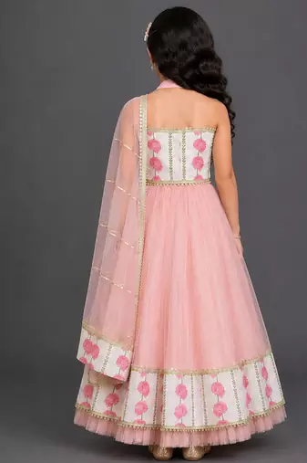 blue pink printed cotton silk lehenga set