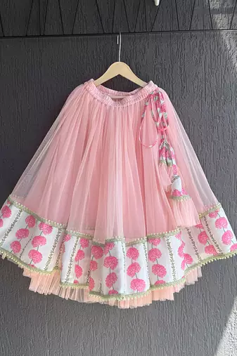 blue pink printed cotton silk lehenga set