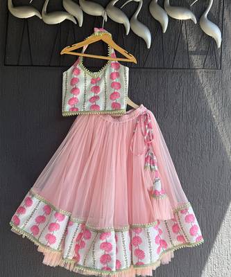 blue pink printed cotton silk lehenga set 4