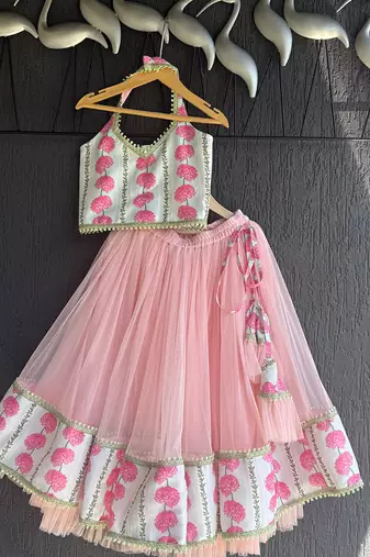 blue pink printed cotton silk lehenga set