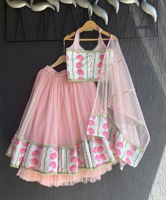 blue pink printed cotton silk lehenga set 5