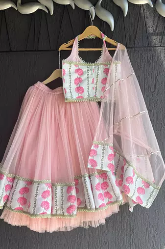 blue pink printed cotton silk lehenga set