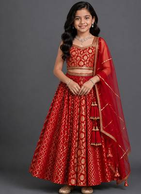 Deep red embroidered chanderi lehenga set 1