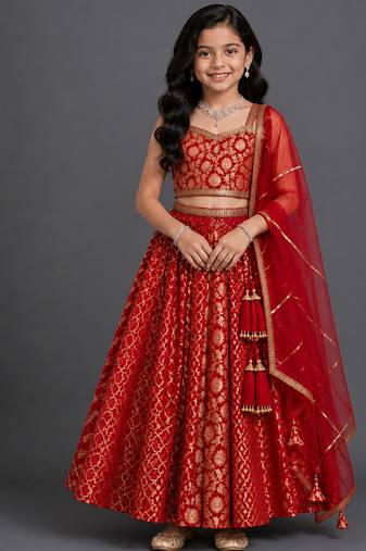 Deep red embroidered chanderi lehenga set