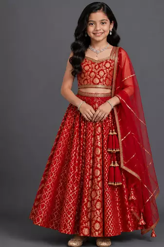 Deep red embroidered chanderi lehenga set
