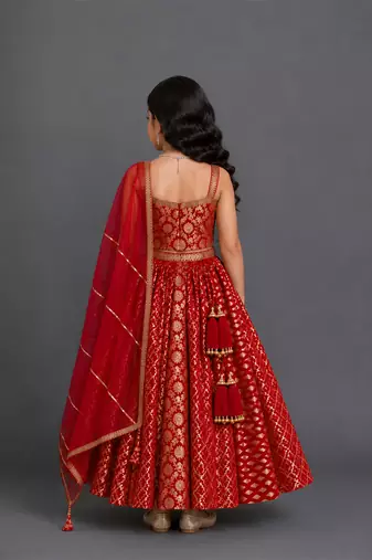 Deep red embroidered chanderi lehenga set