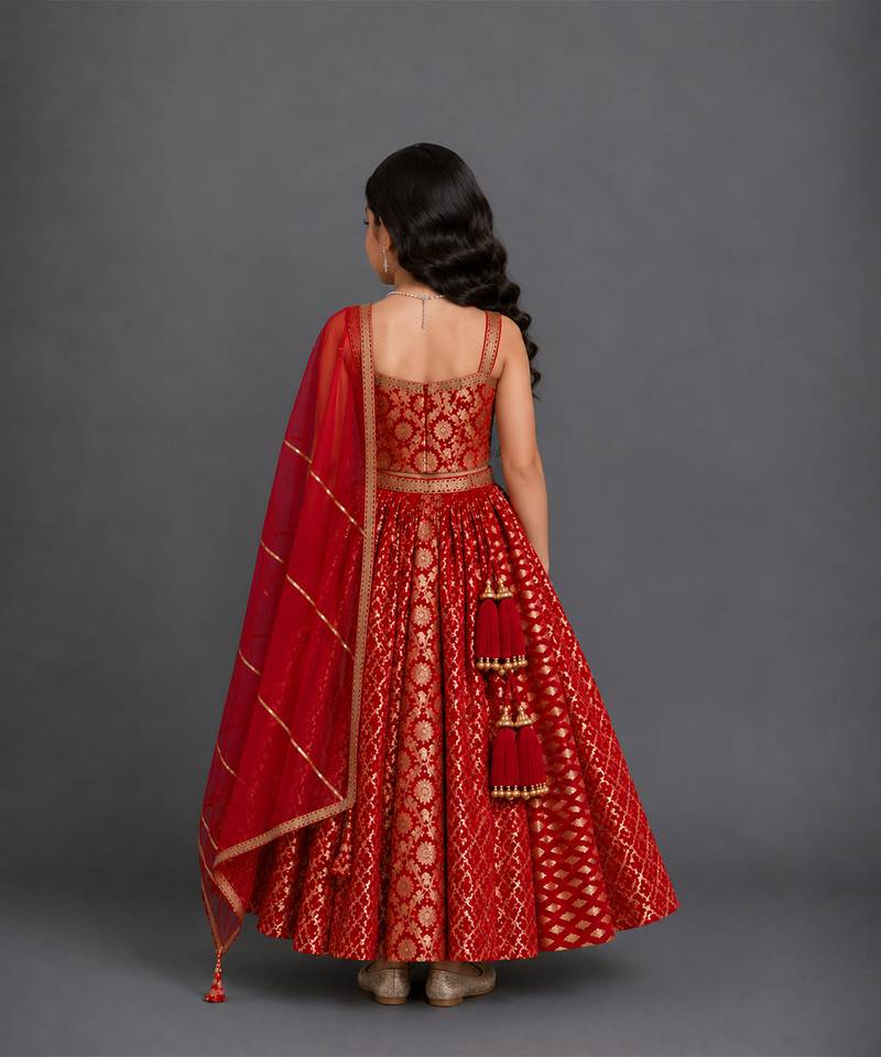 Deep red embroidered chanderi lehenga set