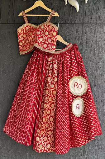 Deep red embroidered chanderi lehenga set
