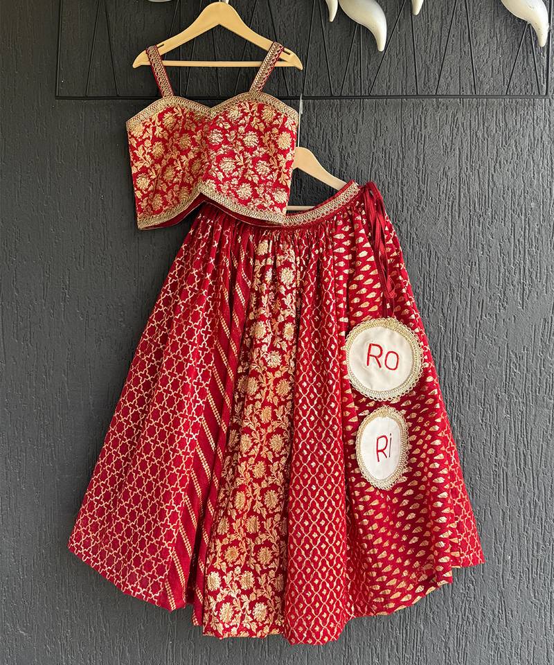 Deep red embroidered chanderi lehenga set