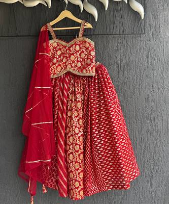 Deep red embroidered chanderi lehenga set 4
