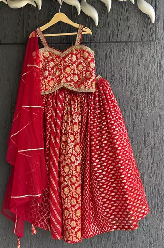 Deep red embroidered chanderi lehenga set