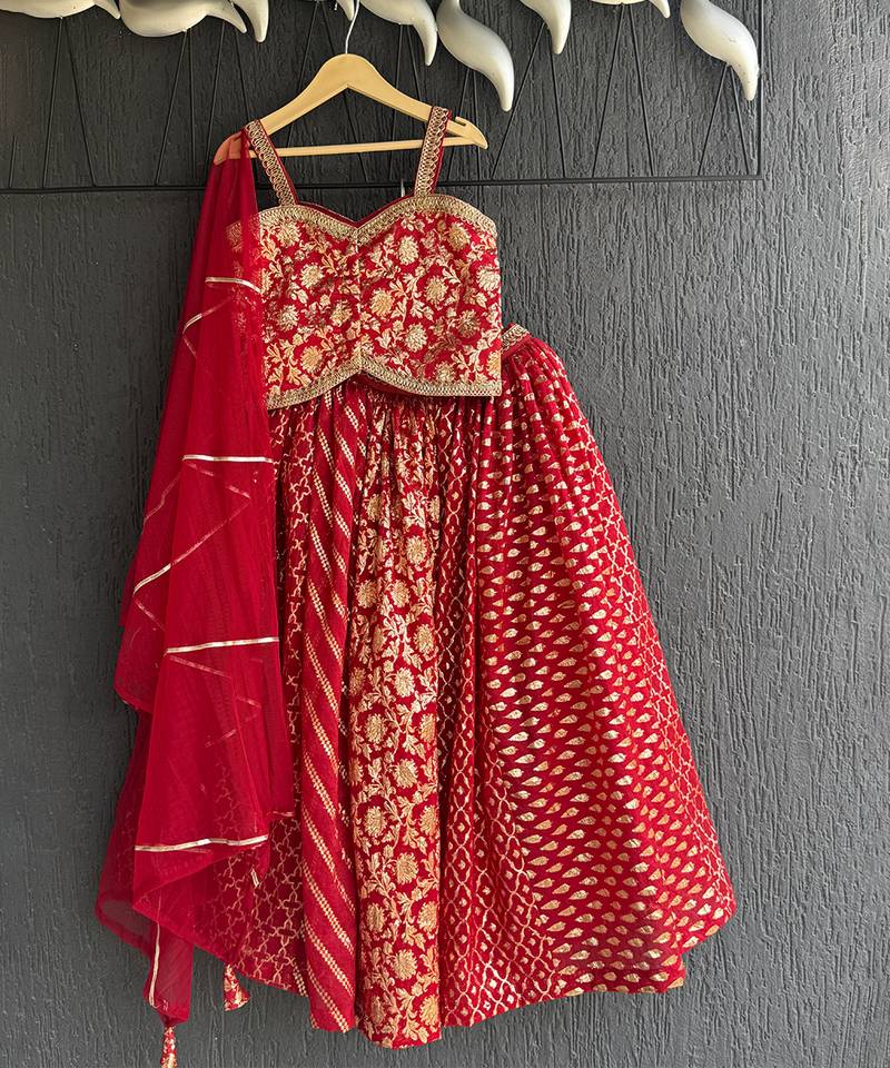 Deep red embroidered chanderi lehenga set