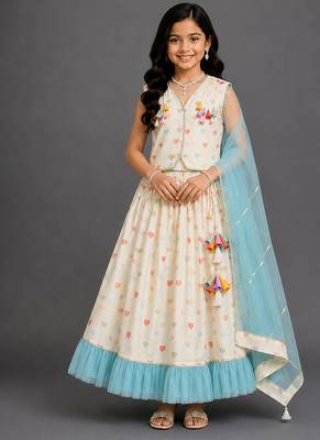 Off white blue printed cotton silk lehenga set 1