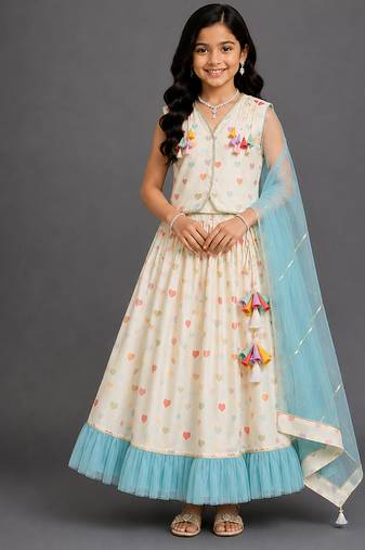 Off white printed cotton silk lehenga set