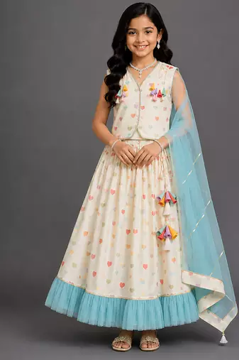 Off white blue printed cotton silk lehenga set