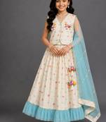 Off white blue printed cotton silk lehenga set