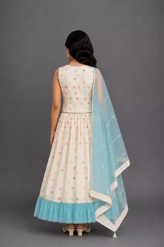 Off white blue printed cotton silk lehenga set