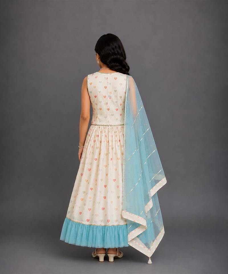 Off white blue printed cotton silk lehenga set