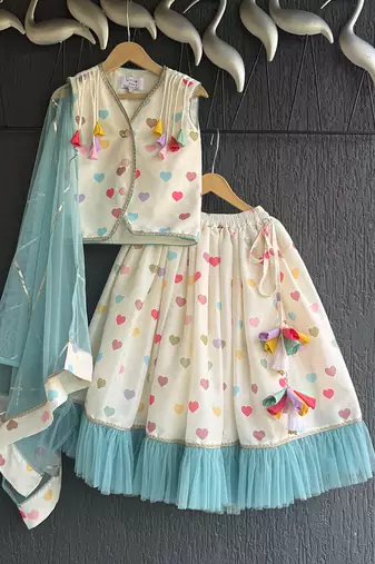 Off white blue printed cotton silk lehenga set