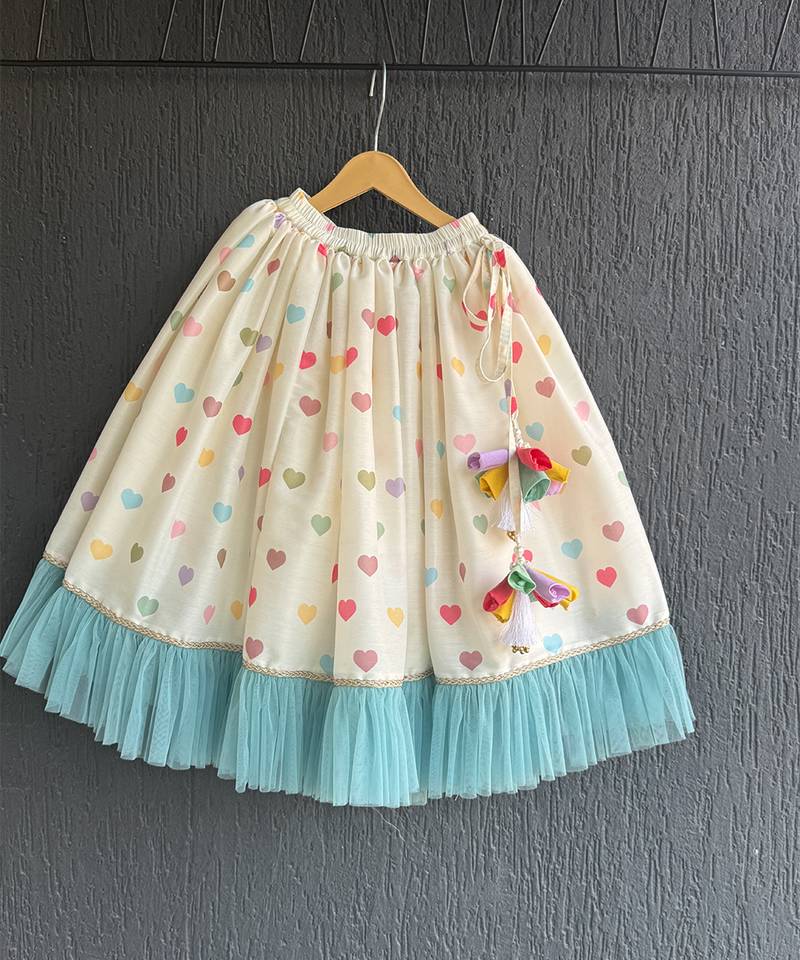 Off white blue printed cotton silk lehenga set
