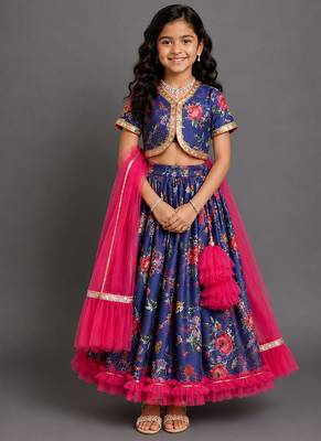 Navy blue printed cotton silk lehenga set 1
