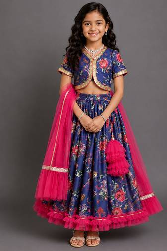 Purple printed cotton silk lehenga set