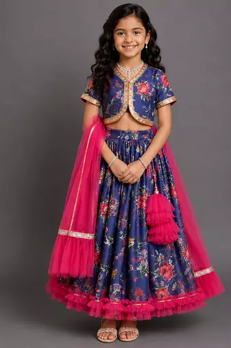 Navy blue printed cotton silk lehenga set