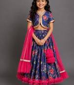 Navy blue printed cotton silk lehenga set