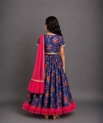 Navy blue printed cotton silk lehenga set 2