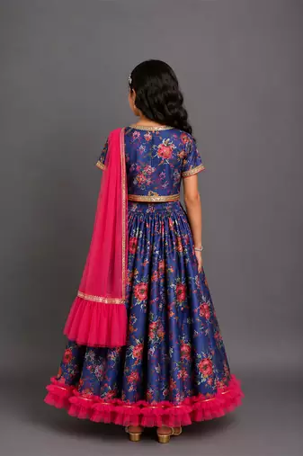 Navy blue printed cotton silk lehenga set