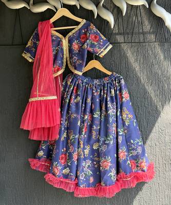 Navy blue printed cotton silk lehenga set 4