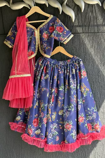 Navy blue printed cotton silk lehenga set