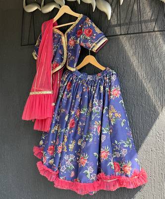 Navy blue printed cotton silk lehenga set 5