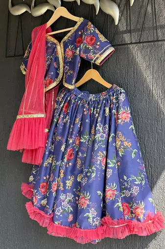 Navy blue printed cotton silk lehenga set