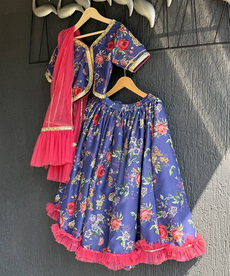Navy blue printed cotton silk lehenga set