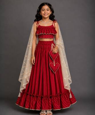 Crimson red embroidered cotton silk lehenga set 1