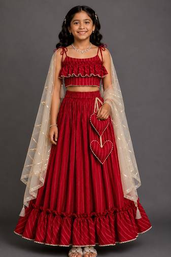 Crimson red embroidered cotton silk lehenga set