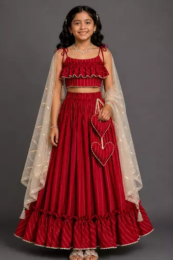 Crimson red embroidered cotton silk lehenga set