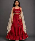 Crimson red embroidered cotton silk lehenga set