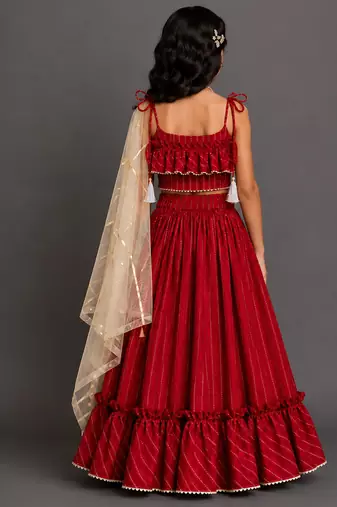 Crimson red embroidered cotton silk lehenga set