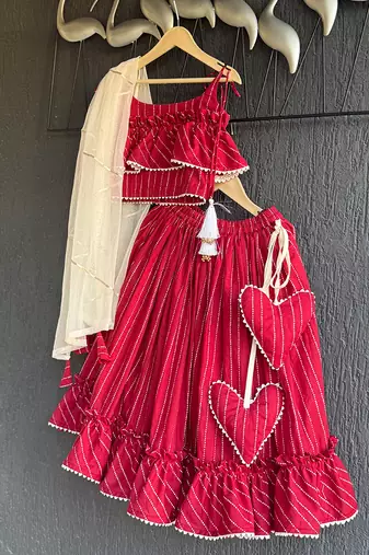 Crimson red embroidered cotton silk lehenga set